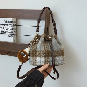 Women Vintage Woolen Plaid Bucket Bag With Drawstring Woven Handle Korean Fashion Shoulder Messenger Bag With Monster Pendant