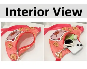 Internal view of a pink cartoon bear chest bag showing storage for phone and sunglasses