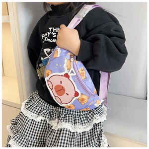 Detail of purple children chest bag with cartoon pig and bear print and durable buckle