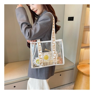 Macro detail of clear PVC tote with daisy pouch and vintage geometric shoulder strap