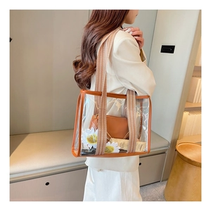 Transparent PVC tote bag with brown leather trim and retro canvas shoulder strap detail