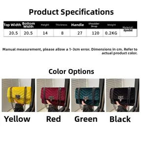 Detail view of velvet flap bags with V-quilt pattern and chain straps in four colors