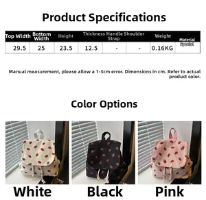 Detailed size chart and multi-color options for strawberry pattern shoulder bags