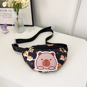 Kids black crossbody bag with cartoon Capybara prints and adjustable nylon strap