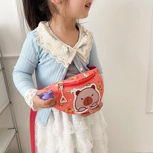 Kids cartoon capybara chest bag in orange-pink nylon with adjustable shoulder strap