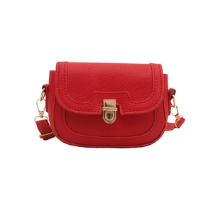 Retro red faux leather saddle bag with lychee texture and gold buckle for women