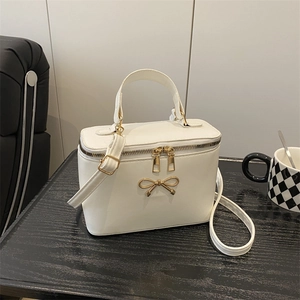 Trendy PU Leather Box Bag Golden Metal Bow Decor Double Zipper Top Handle Crossbody Shoulder Bag For Women Fashionable
