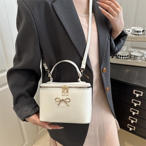 Retro cream box handbag with gold bow detail and detachable strap for women