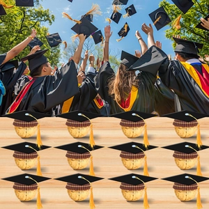 Detalle de cajas de graduación DIY con birretes negros y borlas amarillas para dulces