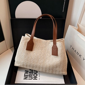 Women Large Capacity Straw Woven Tote Bag Summer Beach Vacation Shoulder Bag Minimalist Style Handbag With PU Leather Handle