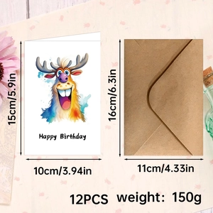Detailed set of 12 watercolor forest deer birthday cards with kraft envelopes 15x10cm