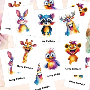 Forest animal watercolor birthday cards set for kids with cute cartoon characters