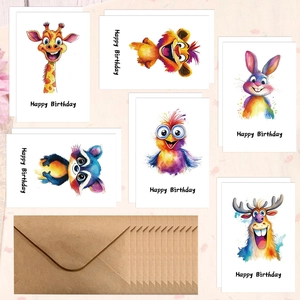 Collection of watercolor animal birthday cards with matching kraft envelopes and vivid illustrations