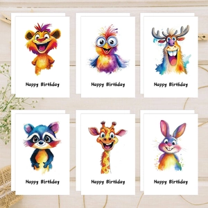 Set of 6 watercolor animal birthday cards with forest motifs on a wooden background