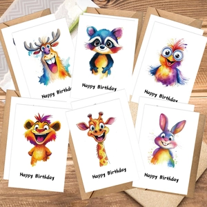 Set of 6 watercolor forest animal birthday cards with kraft envelopes on wood background