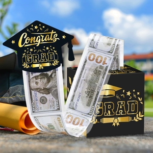 Creative graduation money pull box with gold Congrats GRAD decor and dollar pull bags