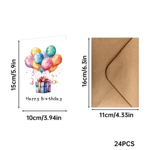 24er-Set Aquarell-Geburtstagskarten mit Kraftpapier-Umschlägen für Kinderpartys, 15x10cm
