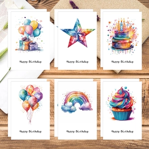 Set of 6 watercolor birthday cards with cakes and balloons on a wooden table