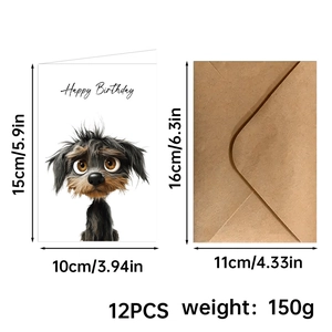 Detailed size specifications for cute dog birthday cards and kraft paper envelopes