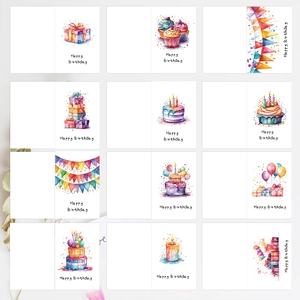 24er-Set Kinder Geburtstagskarten mit Aquarell-Motiven und Umschlägen für Einladungen