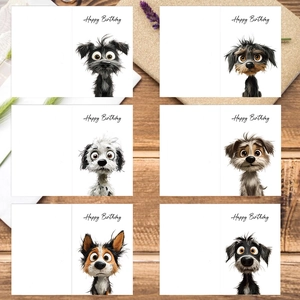Set of 6 cute cartoon puppy birthday cards with Happy Birthday text on wood background