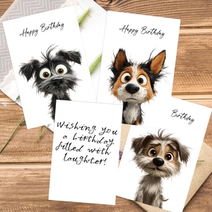 Detailed view of four cartoon puppy birthday cards set with lace envelopes on wood table