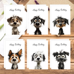 Set of 6 cute cartoon dog Happy Birthday greeting cards with colorful illustrations