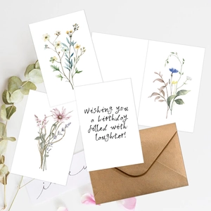 Floral watercolor greeting cards set with kraft envelope and botanical decorations