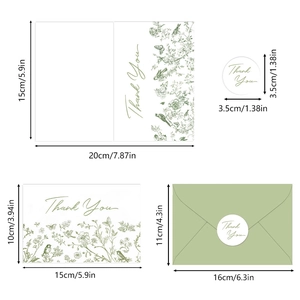 Vintage floral Thank You card set with kraft envelope and bird illustrations