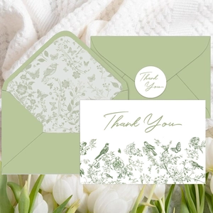 Vintage sage green floral thank you card set with botanical envelope lining and seal