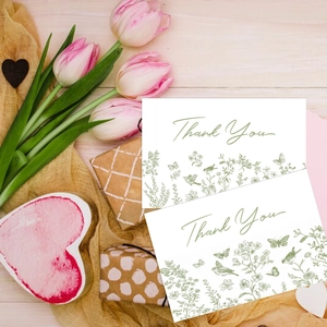 Vintage kraft floral thank you card with bird and butterfly sketches on white cardstock