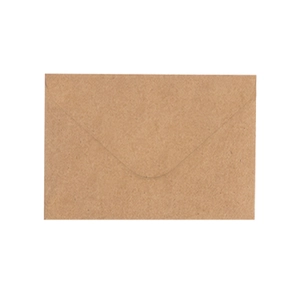 Macro detail of the brown kraft paper envelope featuring a classic V-flap and natural texture