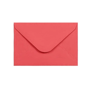 Detail of red kraft paper envelope with V-flap design and subtle textured surface finish