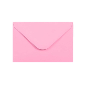 Closed view of a solid pink kraft paper mini envelope with classic V-shaped back flap