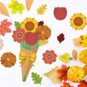 DIY Autumn flower bouquet greeting card set with sunflowers and happy harvest bow