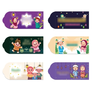 Set of six colorful Eid al-Fitr money envelopes with moon and stars cartoon design