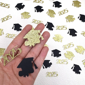 2025 Graduation confetti set with gold glitter numbers and black matte mortarboard shapes