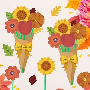 DIY handmade autumn flower bouquet card set with sunflowers and happy harvest bow