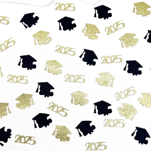 2025 graduation party table confetti set with black and gold glitter mortarboards