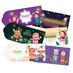 Cartoon Hari Raya money envelopes with crescent moon and mosque illustrations