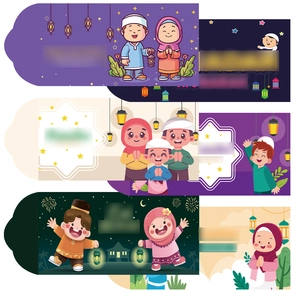 Cartoon Eid Mubarak money envelopes with crescent moon, lanterns and festive characters
