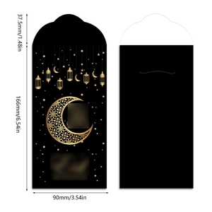Green Eid Mubarak money envelopes with gold foil mosque patterns and dimensions shown