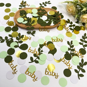 Set coriandoli baby shower con foglie verde salvia e scritte baby dorate glitter