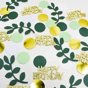 Green and gold Happy Birthday confetti set with glitter letters, leaves and circles