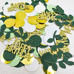 Green and gold Happy Birthday confetti set with tropical leaves and glitter circles