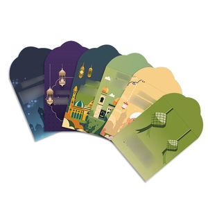 Set of 6 colorful Eid Mubarak gift envelopes featuring mosque silhouettes and lanterns