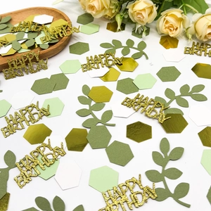 Green and gold Happy Birthday confetti with hexagon sequins and forest leaf cutouts