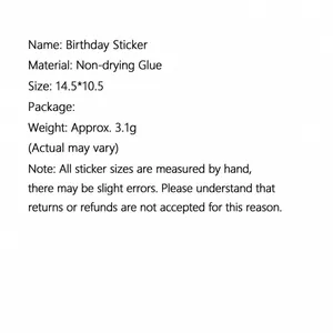 Detailed technical specifications for cartoon birthday stickers showing dimensions and weight