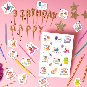 Cartoon birthday stickers set with cake and gift patterns on a pink background