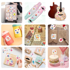 Cartoon birthday party stickers set for DIY decor on laptops, skateboards, and gifts